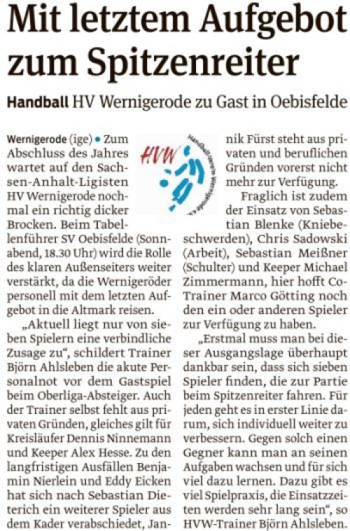 Volksstimme blickt auf das letzte Spiel des Jahres für die 1. Männermannschaft